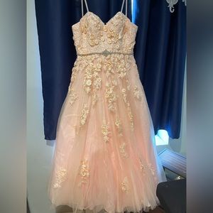 Flair, New York blush color tulle prom gown with embellished flowers
